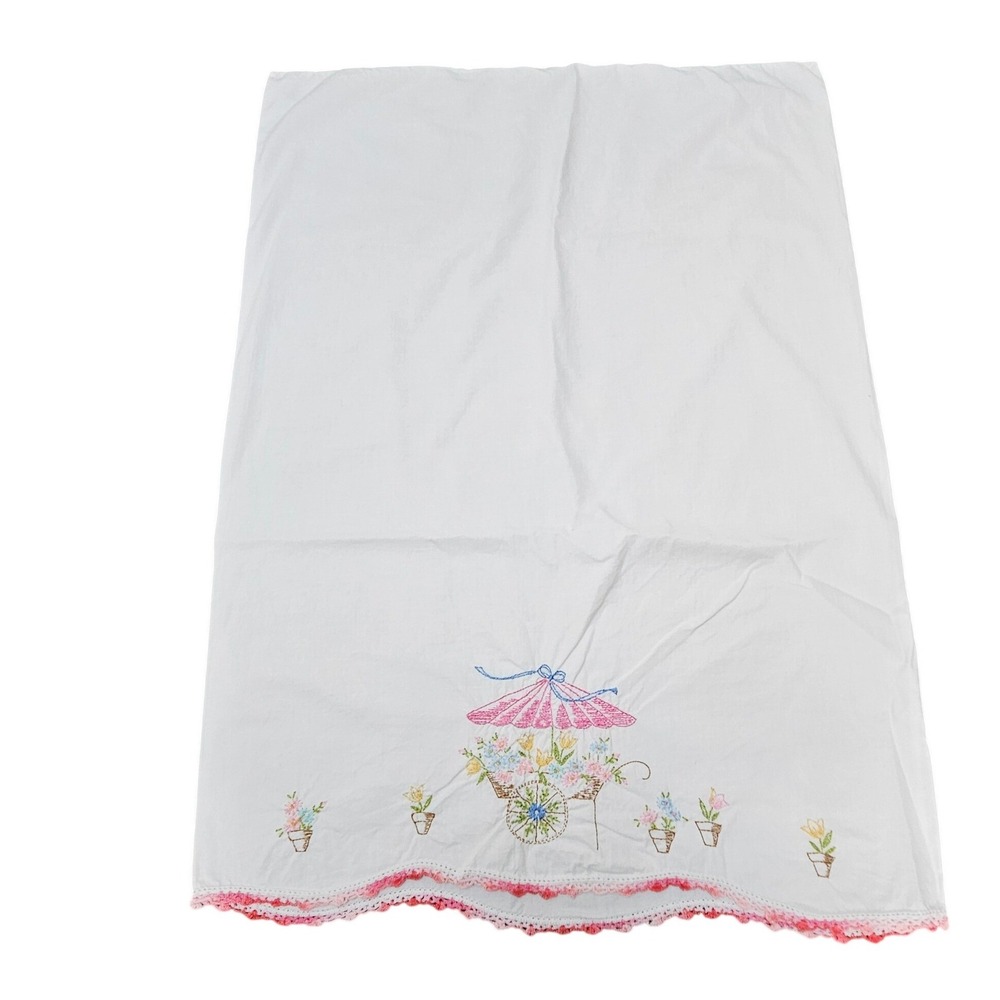 Vintage Pillowcase White Pink Floral Embroidered Crochet Trim Cottagecore